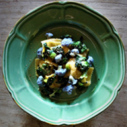 Ravioli ai carciofi del Pastificio Barone con cicorino di campo saltato all'aglio, cavolfiore viola e pangrattato tostato al limone-Barone d.o.o.