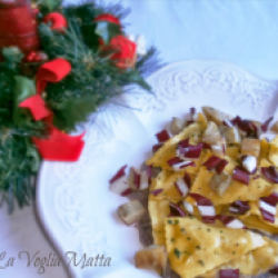 Triangoli al formaggi con carciofi su crema di radicchio rosso trevigiano-Barone d.o.o.