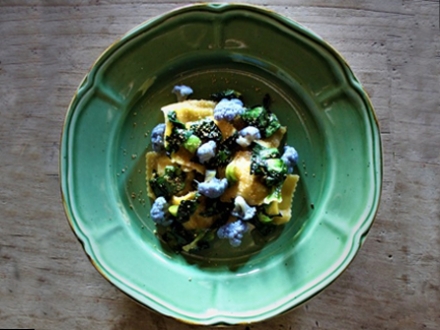 Ravioli ai carciofi del Pastificio Barone con cicorino di campo saltato all'aglio, cavolfiore viola e pangrattato tostato al limone-Barone d.o.o.